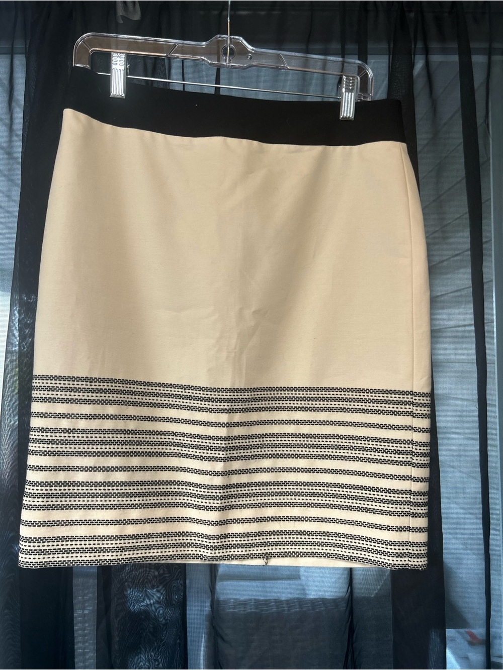 J. Crew Cream Pencil Skirt with Black Waistband and Striped Hem